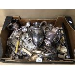 A VERY LARGE QUANTITY OF SILVER PLATED ITEMS, CUTLERY, COFFEE POT, SERVING TRAY DECORATED WITH