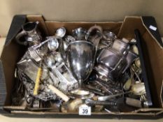 A VERY LARGE QUANTITY OF SILVER PLATED ITEMS, CUTLERY, COFFEE POT, SERVING TRAY DECORATED WITH