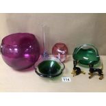 SEVEN PIECES OF GLASS, MARY GREGORY STYLE VASE, BASKET VASE AND MORE, LARGEST 15 X15CM
