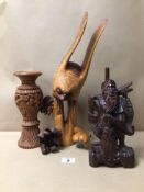 CARVED WOODEN ITEMS INCLUDES FIGURE, OWL AND MORE