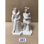 A PAIR OF ROYAL WORCESTER FIGURES - ELIZABETHAN LADY AND GENTLEMAN, A/F 17CM