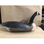A WOODEN DECOY CANADIAN GOOSE, 66 X 33CM WITH GLASS EYES