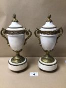 A PAIR OF MARBLE AND GILT GARNITURES, 27CM A/F