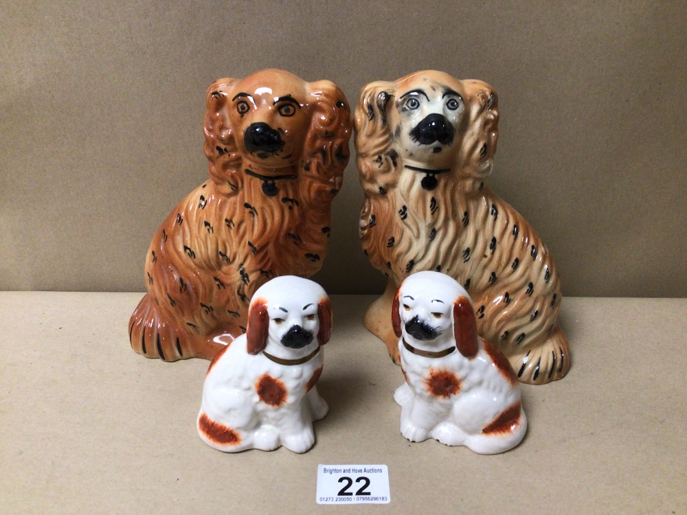 TWO PAIRS OF VINTAGE STAFFORDSHIRE DOGS, LARGEST 19CM