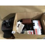 A BOX OF MAINLY VINTAGE CAMERAS AND LENS BOX BROWNIE MODEL A AND FLASH II, PENTAX P30T AND