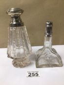 TWO HALLMARKED SILVER AND GLASS PERFUME BOTTLES ONE 'HENRY PERKINS' (MISSING STOPPER) AND THE
