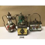 FOUR PORCELAIN WITH WHITE METAL EASTERN TEAPOTS