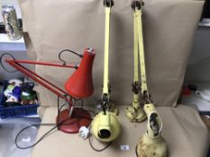 THREE RETRO ANGLEPOISE DESK LAMPS, TWO OF WHICH ARE A MATCHING MEK-ELEK PAIR (A/F, IN YELLOW) AND