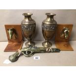 A PAIR OF BRASS BELDRAY VASES, TOGETHER WITH A PAIR OF BRASS HORSE HEAD BOOKENDS AND A PAIR OF