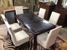 MANGO WOODEN DINING TABLE WITH FRETWORK UNDER GLASS TO THE CENTRE OF THE TABLE WITH SIX DINING
