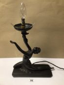 AN ART DECO STYLED FIGURAL TABLE LAMP (UNTESTED) OF A HALF-NUDE RESIN