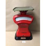 A VINTAGE AVERY (VM58067) POST OFFICE SCALES (RED COLOUR), 38CM IN HEIGHT