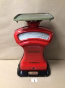 A VINTAGE AVERY (VM58067) POST OFFICE SCALES (RED COLOUR), 38CM IN HEIGHT