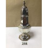 A HALLMARKED SILVER SUGAR SIFTER OCTAGONAL BALUSTER FORM MARKS PARTLY RUBBED CHESTER 21.5CM, 192