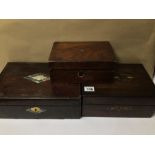 THREE VINTAGE WOODEN BOXES INCLUDING A WRITING SLOPE, A/F
