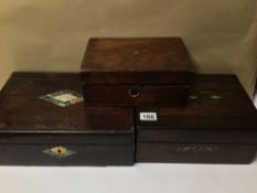 THREE VINTAGE WOODEN BOXES INCLUDING A WRITING SLOPE, A/F