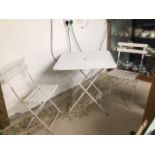 WHITE METAL FOLDING GARDEN TABLE WITH TWO METAL FOLDING CHAIRS