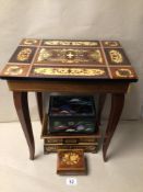 THREE SORRENTO STYLED MARQUETRY INLAID WOODEN MUSICAL JEWELLERY BOXES AND TABLE, TOGETHER WITH A