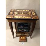 THREE SORRENTO STYLED MARQUETRY INLAID WOODEN MUSICAL JEWELLERY BOXES AND TABLE, TOGETHER WITH A