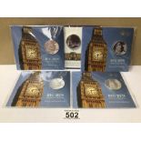 FIVE £100 BRILLIANT UNCIRCULATED PURE SILVER (.999) COINS, 4 'BIG BEN' AND 1 'BUCKINGHAM PALACE
