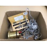 A MIXED BOX OF COLLECTABLES, SOME VINTAGE, INCLUDES MICROPHONES, A MORSE KEY, AND MORE