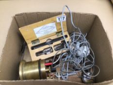 A MIXED BOX OF COLLECTABLES, SOME VINTAGE, INCLUDES MICROPHONES, A MORSE KEY, AND MORE