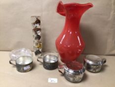A MIXED COLLECTION OF GLASSWARE AND WHITE METAL ITEMS, INCLUDES A KOSTA ART GLASS VASE, TWO WHITE