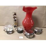 A MIXED COLLECTION OF GLASSWARE AND WHITE METAL ITEMS, INCLUDES A KOSTA ART GLASS VASE, TWO WHITE