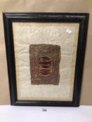 A SIGNED JO DONEGAN (1990) PRINT ON PARCHMENT/CLOTH DEPICTING REDFISH ON EBONISED WOOD, FRAMED AND