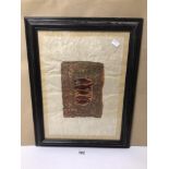 A SIGNED JO DONEGAN (1990) PRINT ON PARCHMENT/CLOTH DEPICTING REDFISH ON EBONISED WOOD, FRAMED AND