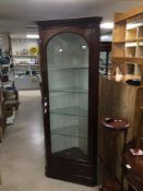 LARGE REPRODUCTION MAHOGANY CORNER DISPLAY CABINET WITH GLASS SHELVES AND BOTTOM DRAWER A/F, 76 X