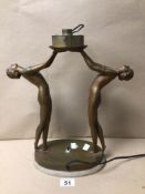 AN ART DECO-STYLED BRASS FIGURAL TABLE LAMP ON A MARBLE BASE