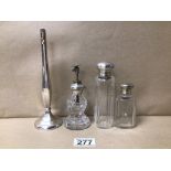 THREE HALLMARKED SILVER ITEMS TWO BOTTLES AND A VASE WITH A WHITE METAL ATOMISER