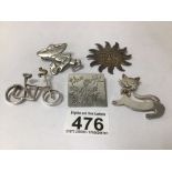 FIVE STERLING SILVER MEXICAN BROOCHES