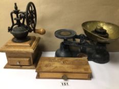 A VINTAGE CAST IRON COFFEE GRINDER ON A WOODEN BASE, TOGETHER WITH TWO SETS OF SCALES WITH WEIGHTS