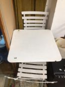 WHITE METAL FOLDING GARDEN TABLE WITH TWO METAL FOLDING CHAIRS