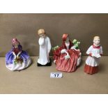 FOUR ROYAL DOULTON MINIATURE FIGURINES ‘MONICA’ (HN1467), ‘DARLING’ (HN1985), ‘LYDIA’ (HN1908),