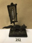 A METAL CAST FOX ON A MARBLE BASE WITH A THERMOMETER, 18CM
