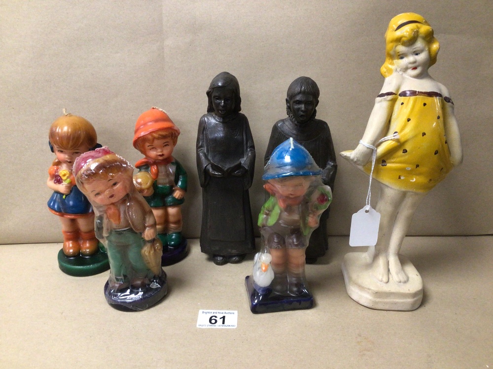 A MIXED COLLECTION OF FIGURINES AND FIGURES, INCLUDES FOUR GOEBEL HUMMEL STYLED FIGURAL CANDLES, A