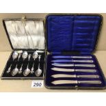 A SET OF SIX 800 STANDARD SILVER TEASPOONS WITH A SET OF SIX HALLMARKED SILVER HANDLED KNIVES (