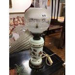 VICTORIAN OPAQUE GLASS OIL LAMP WITH PAINTED FOLIATE DECORATION (CONVERTED TO ELECTRIC)