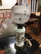 VICTORIAN OPAQUE GLASS OIL LAMP WITH PAINTED FOLIATE DECORATION (CONVERTED TO ELECTRIC)