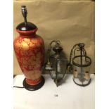 A LARGE RED-ORANGE DECORATED WITH FLOWERS JAR LAMP WITH TWO CEILING/WALL LIGHTS