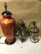 A LARGE RED-ORANGE DECORATED WITH FLOWERS JAR LAMP WITH TWO CEILING/WALL LIGHTS