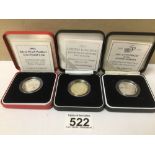 THREE PIEDFORT UK £2 SILVER COINS, 2001 WIRELESS BRIDGES OF THE ATLANTIC 1995 50TH ANNIVERSARY OF