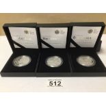 THREE BRITANNIA ONE OUNCE SILVER PROOF COINS IN PRESENTATION BOX WITH C.O.A YEARS 2008/09/11