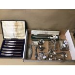 A MIXED COLLECTION OF SILVER-PLATED AND WHITE METAL ITEMS, INCLUDES, FLATWARE, AA BADGE, TOAST RACK,