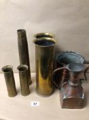 TWO COPPER JUGS, TOGETHER WITH FIVE TRENCH ART BRASS SHELL CASINGS OF VARIOUS SIZES AND YEARS,