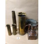 TWO COPPER JUGS, TOGETHER WITH FIVE TRENCH ART BRASS SHELL CASINGS OF VARIOUS SIZES AND YEARS,