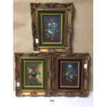 THREE INDISTINCTLY SIGNED STILL OF LIFE FLORAL OIL ON CANVASES ON GILT WOODEN FRAME, 24CM X 30CM